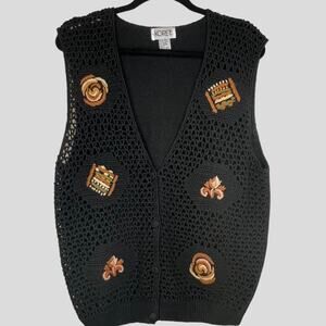 VTG Koret Crochet Patchwork Sweater Vest Size L Embroidered Cottagecore Y2K 90s
